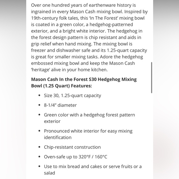 MASON CASH NEW in the forest s30 embossed mixing bowl -hedgehog green -1.25qt - Picture 8 of 9